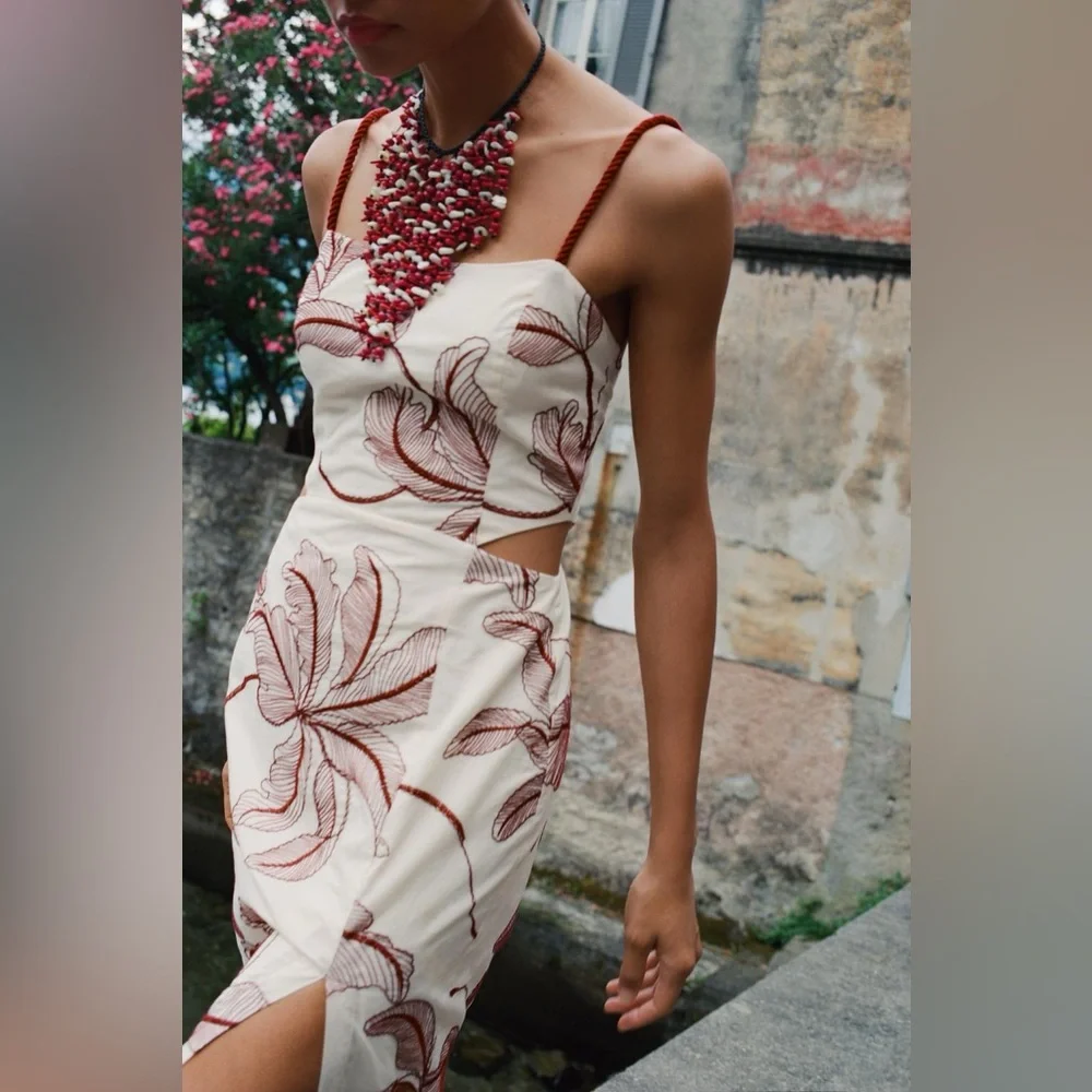 Zara Floral Embroidered Cut Out Midi Braided Straps Resort Wear Dress (Small) - Picture 7 of 11